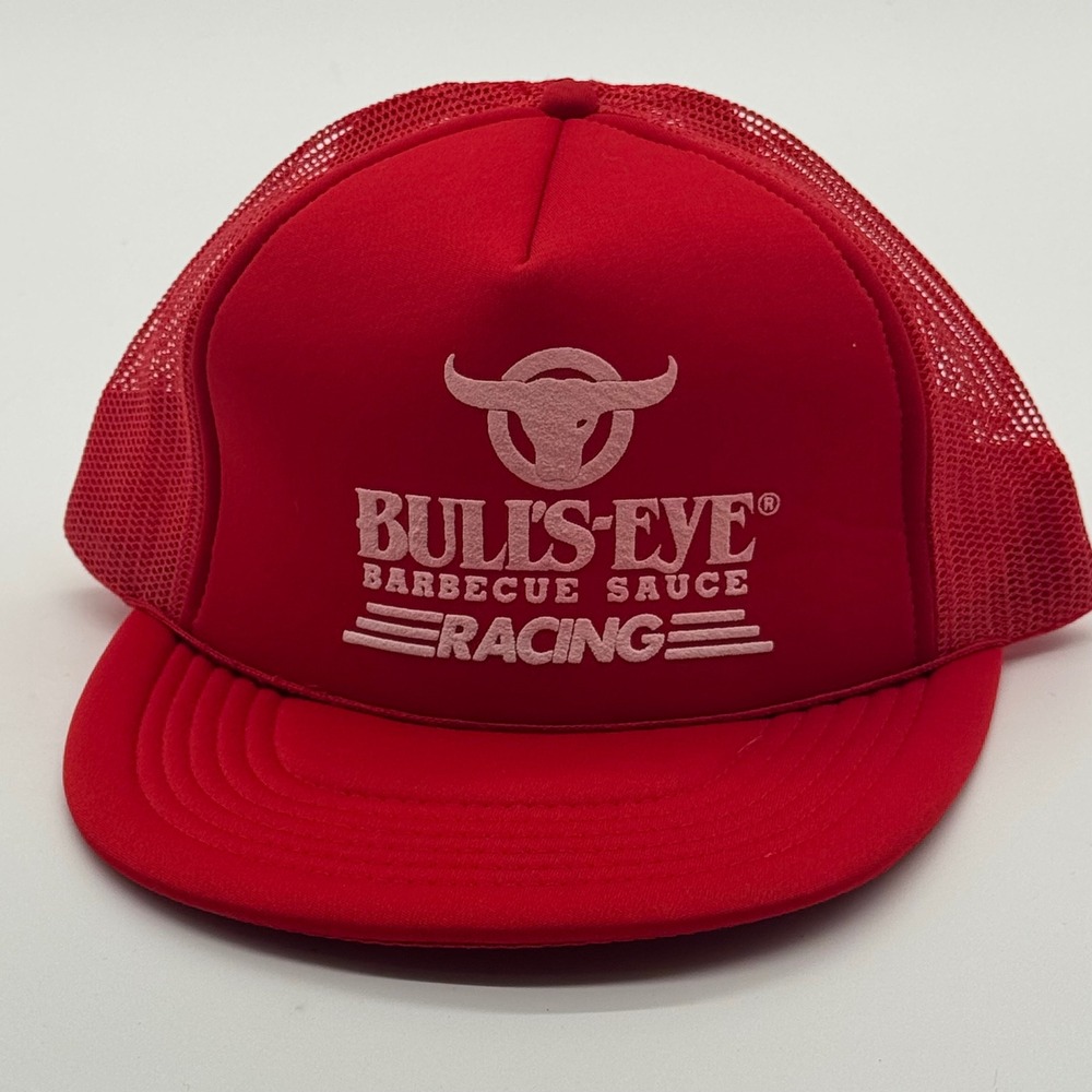 Vintage Bulls-Eye Barbecue Sauce Racing Trucker Hat Red Snapback Mesh Cap